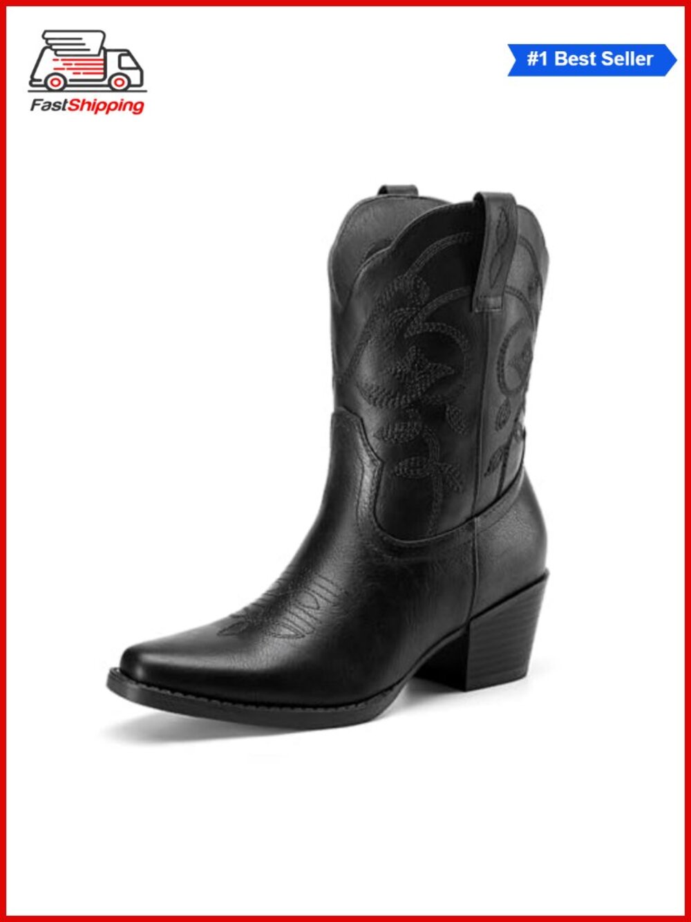 Square Toe Chunky Heel Western Cowboy Boots Faux Leather